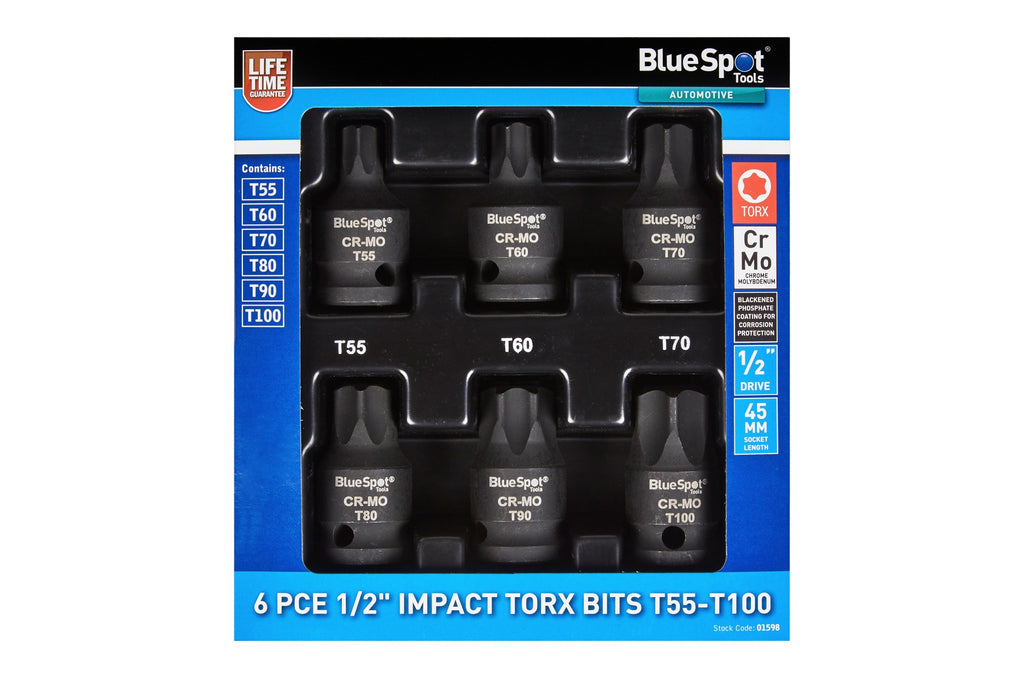 BLUE SPOT TOOLS 6PCE 1/2" IMPACT TORX BITS T55-T100