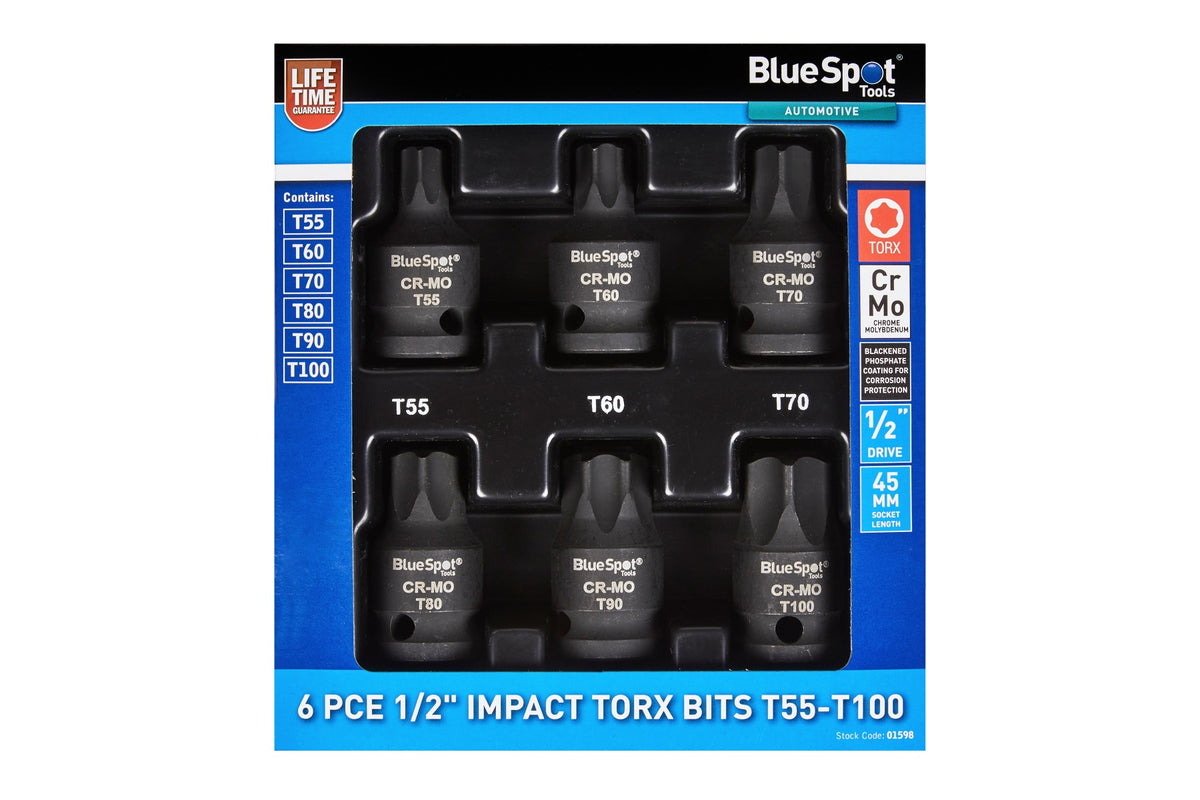 BLUE SPOT TOOLS 6PCE 1/2" IMPACT TORX BITS T55-T100