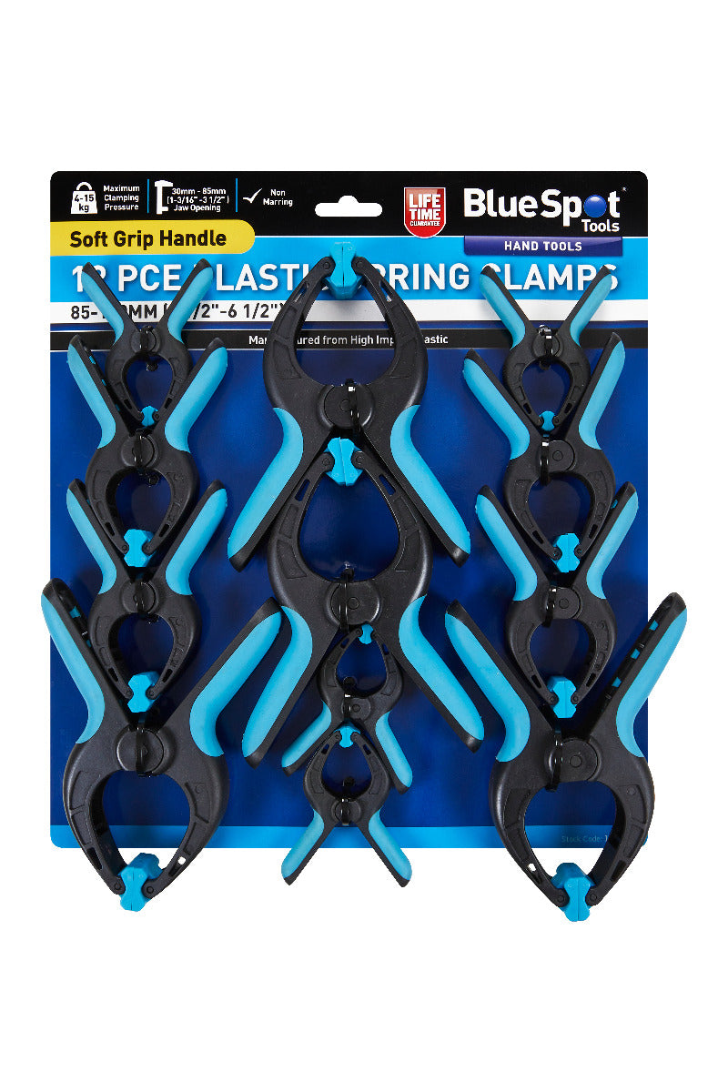 Blue Spot Tools 12 PCE Plastic Spring Clamps (85-160mm) (3 1/2"-6 1/2")