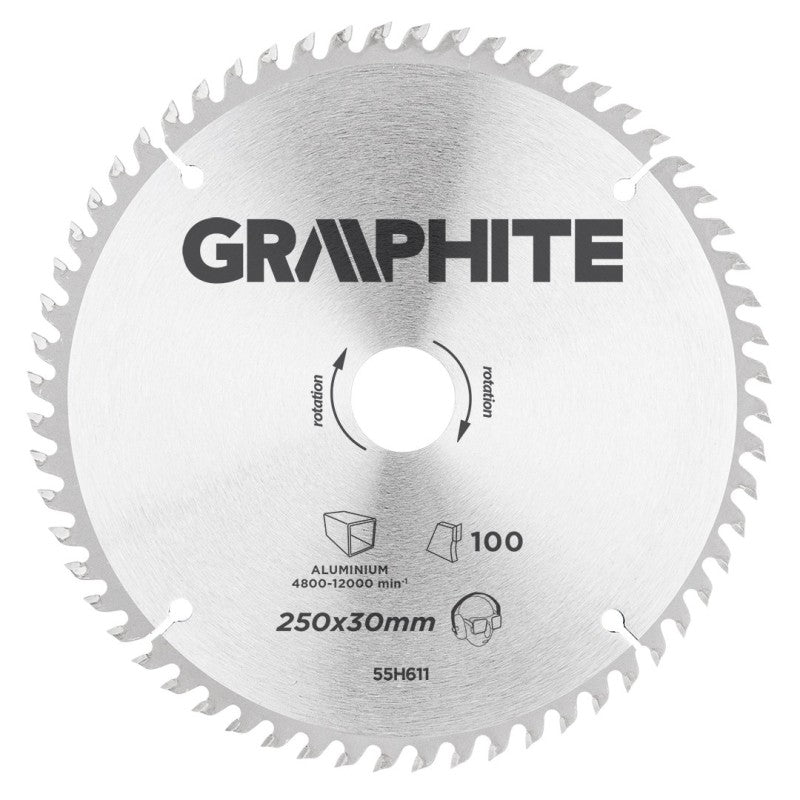 GRAPHITE Circular saw blade, solid carbide, 250 x 30 mm, 100 teeth, for aluminium — 55H611