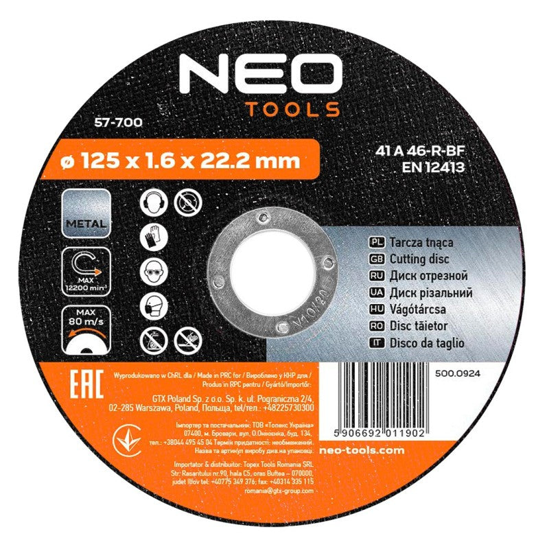 NEO TOOLS Metal cutting disc 125 x 1.6 x 22 mm, 41 A 46-R-BF — 57-700