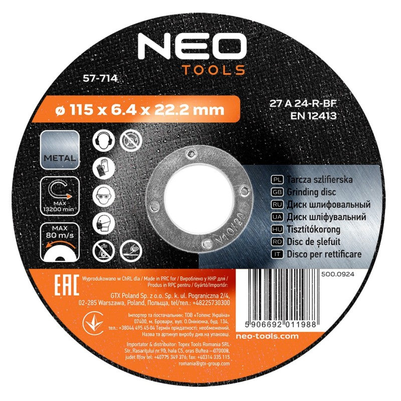 NEO TOOLS Metal grinding disc 115 x 6.4 x 22.2 mm, 27 A24-R-BF — 57-714