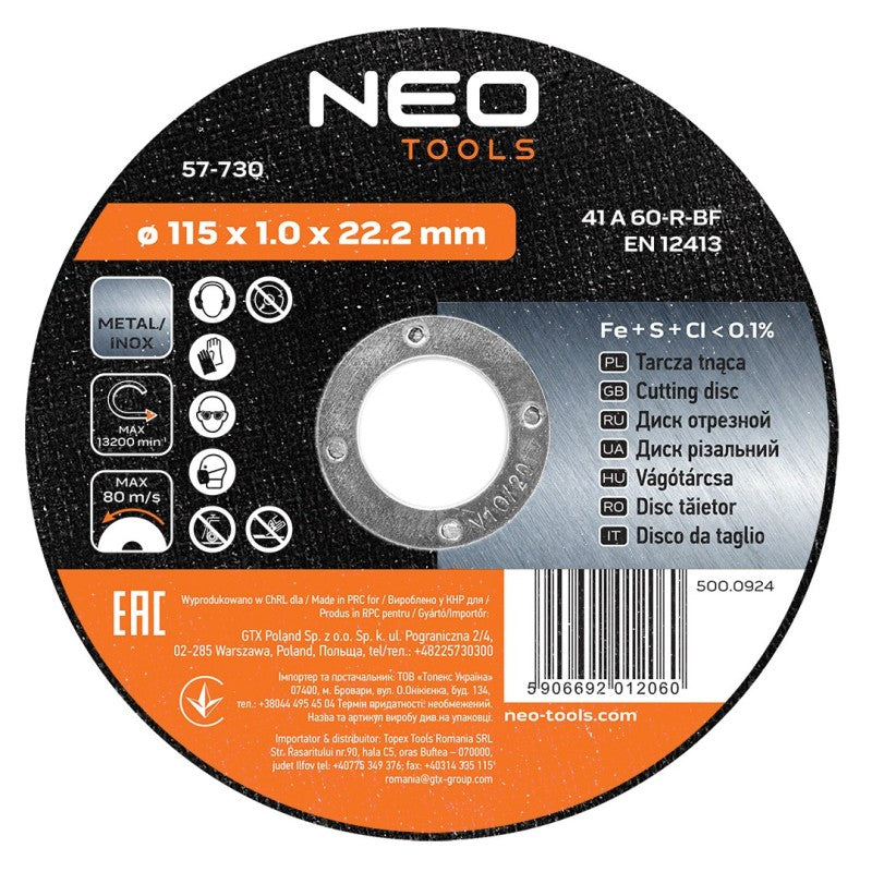 NEO TOOLS Metal cutting-off wheel 115 x 1.0 x 22.2 mm, 41 A60-R-BF, INOX — 57-730