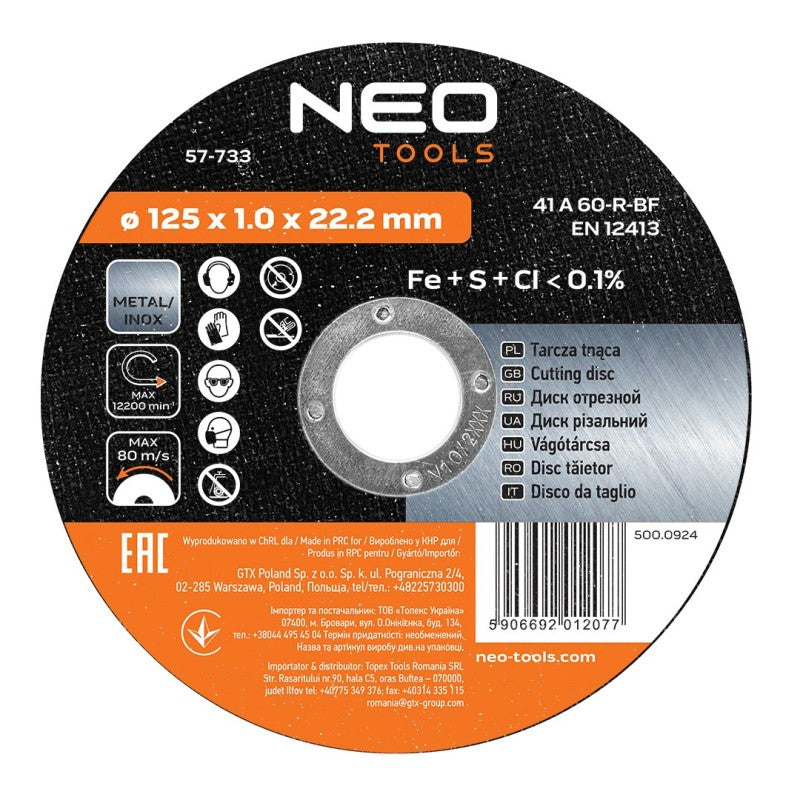 NEO TOOLS Metal cutting-off wheel 125 x 1.0 x 22.2 mm, 41 A60-R-BF, INOX — 57-733