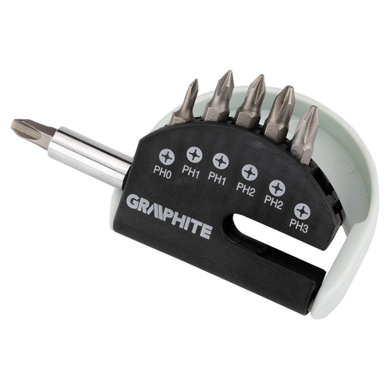 GRAPHITE Set of screwdriver bits PH0, PH1x2, PH2x2, PH3 with handle, 7 pcs. — 56T564