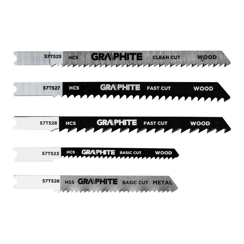 GRAPHITE Jigsaw blade set, 6 TPI, 8 TPI, 10 TPI, 12 TPI, HCS, U-shaped handle, 5 pcs — 57T520