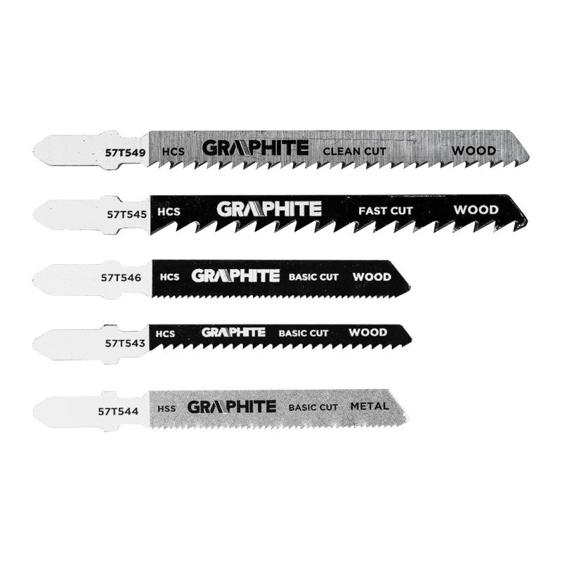 GRAPHITE Jigsaw blade set, 6 TPI, 10 TPI, 12 TPI, 20 TPI, HCS, T-handle, 5 pcs — 57T540