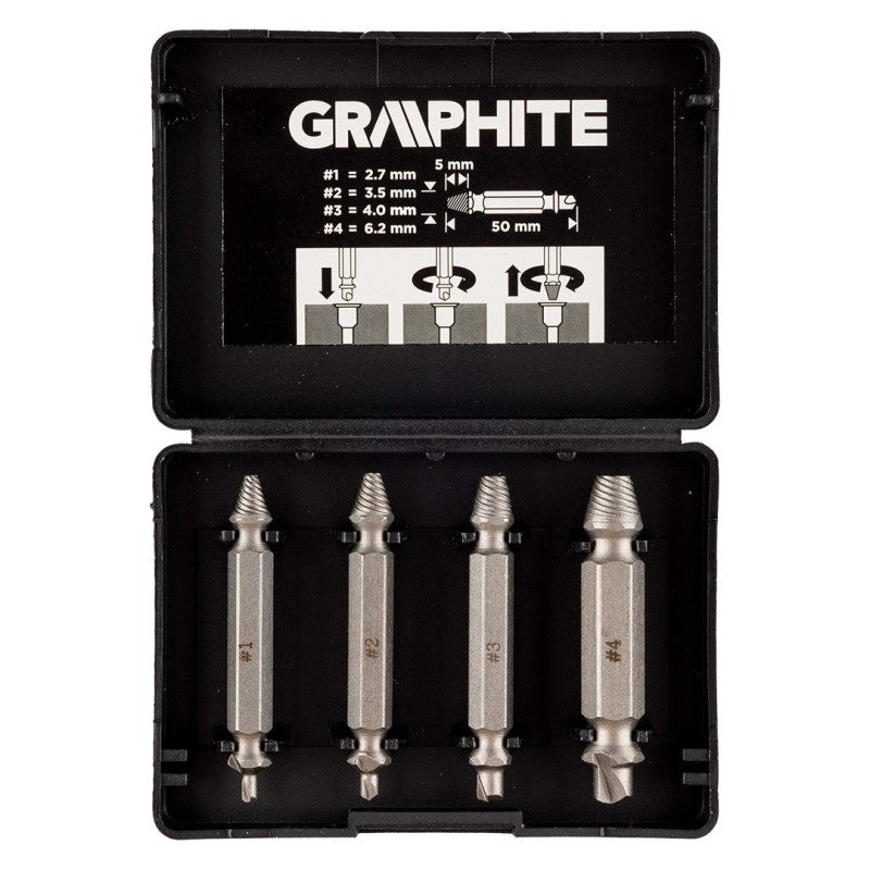 GRAPHITE Reversible screw extractors for broken screws or damaged sockets, set 4 pcs — 54T429