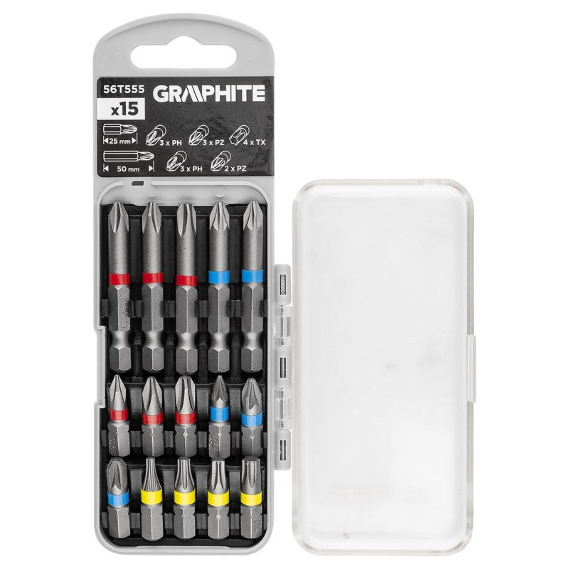 GRAPHITE Bit set PH2x2, PH3, PZ2x2 x 50 mm, PH1/2/3, PZ1/2/3, TX10/20/25/30 x 25 mm, 15 pcs. — 56T555