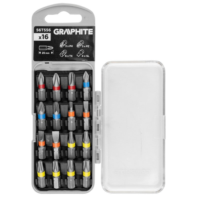 GRAPHITE Bit set SL3/4/5/6, PH1/2/3, PZ1/2/3, TX10/15/20/25/27/30 x 25 mm, 16 pcs. — 56T556