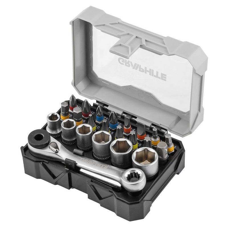 GRAPHITE Set of 25 mm bits and sockets with ratchet and 60 mm magnetic holder, 24 pieces. — 56T559