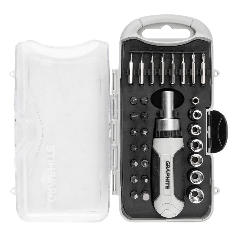 GRAPHITE Bit and precision bit set with magnetic holder with ratchet 115 mm, 30 pcs — 56T561