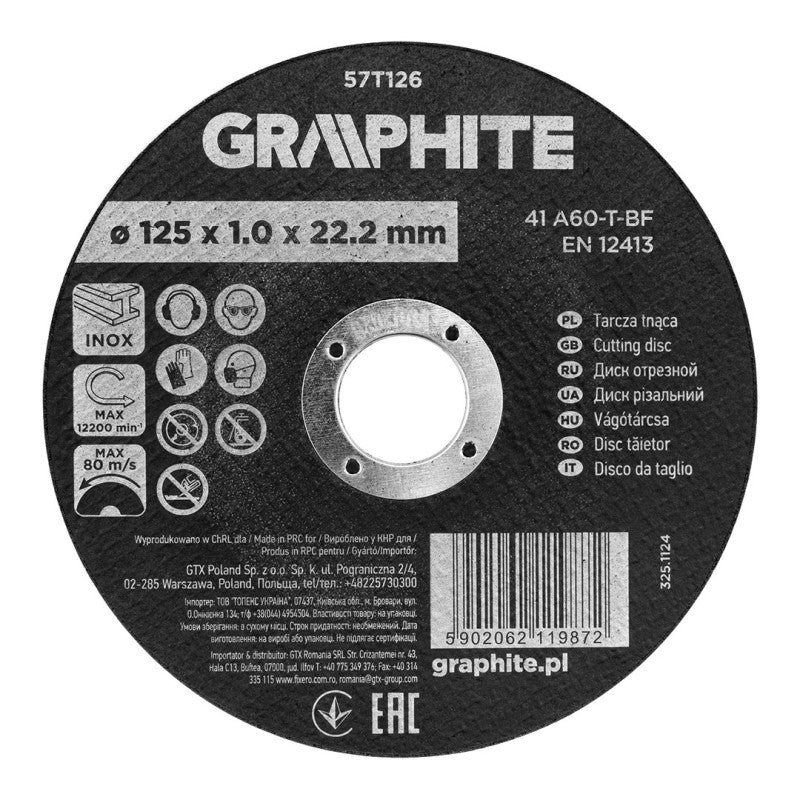 GRAPHITE Cutting wheel, corundum for metal/INOX 125 x 1.0 x 22.2 mm, 41 A60-T-BF, carton 110 pieces — 57T126