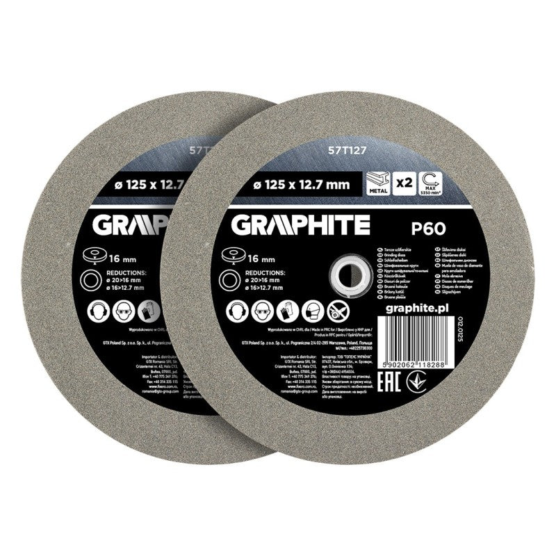 GRAPHITE Grinding discs 125 x 20/16/12.7 x 16 mm, P60, 2 pcs. — 57T127