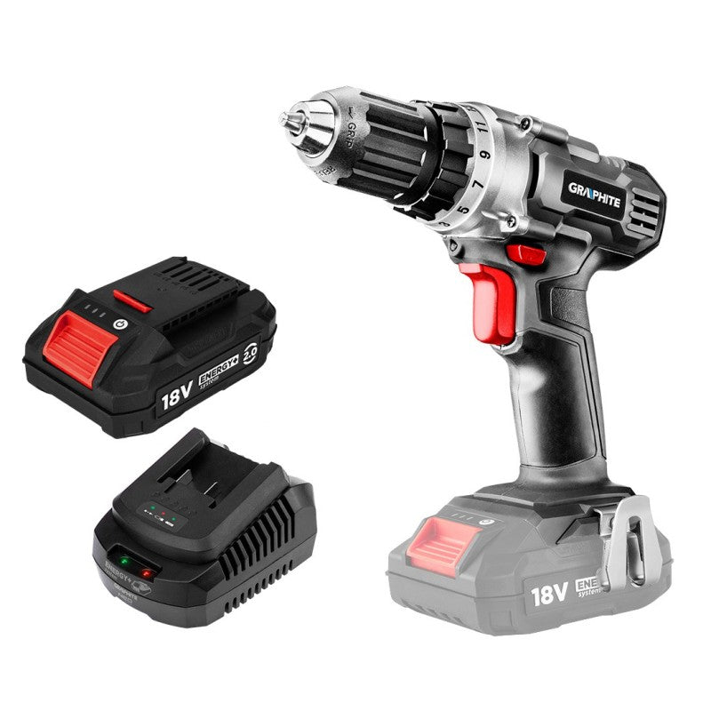 GRAPHITE Cordless drill, Energy+ 18V, Li-Ion, holder 10 mm, battery 2 Ah, charger, carton box — 58G000-SET1