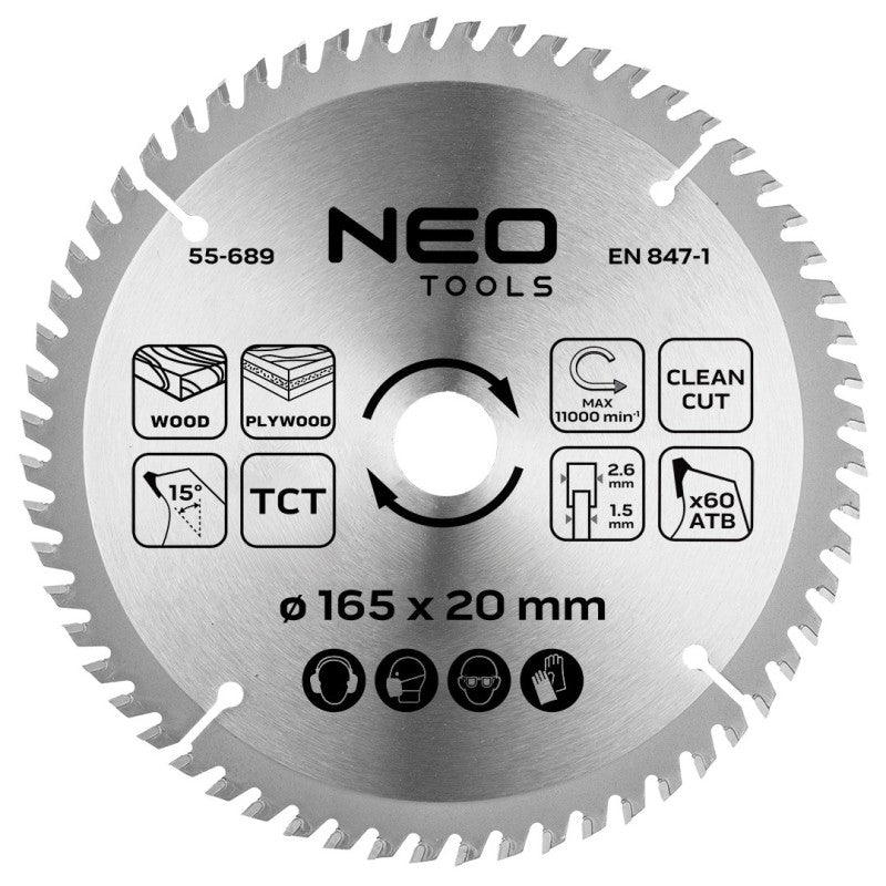 NEO TOOLS Saw blade, plunge-cutting, widia, 165 x 1.5 x 2.6 x 20 mm, 60 teeth — 55-689
