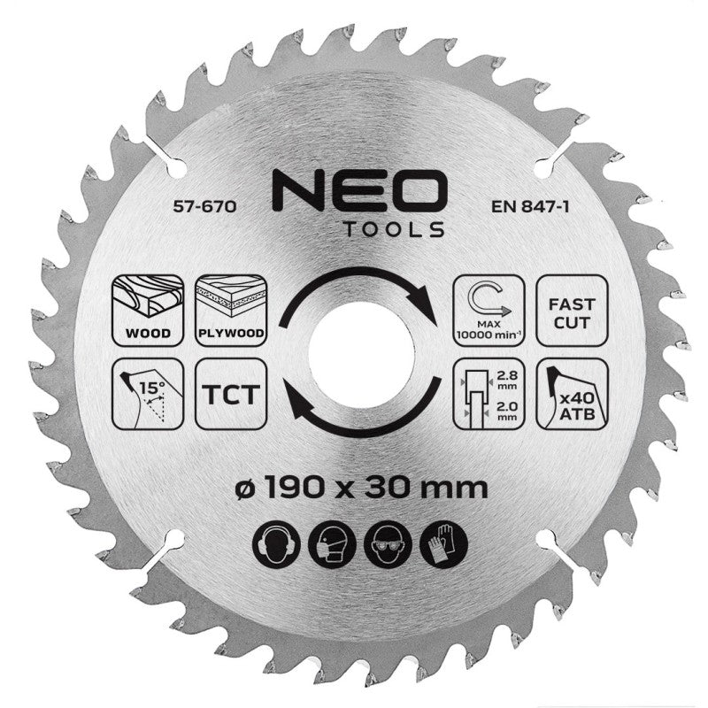 NEO TOOLS Saw blade, widia, 190 x 30 mm, 40 teeth — 57-670