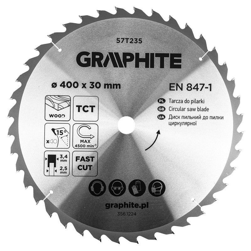GRAPHITE Saw blade, widia, 400 x 30 mm, 40 teeth — 57T235