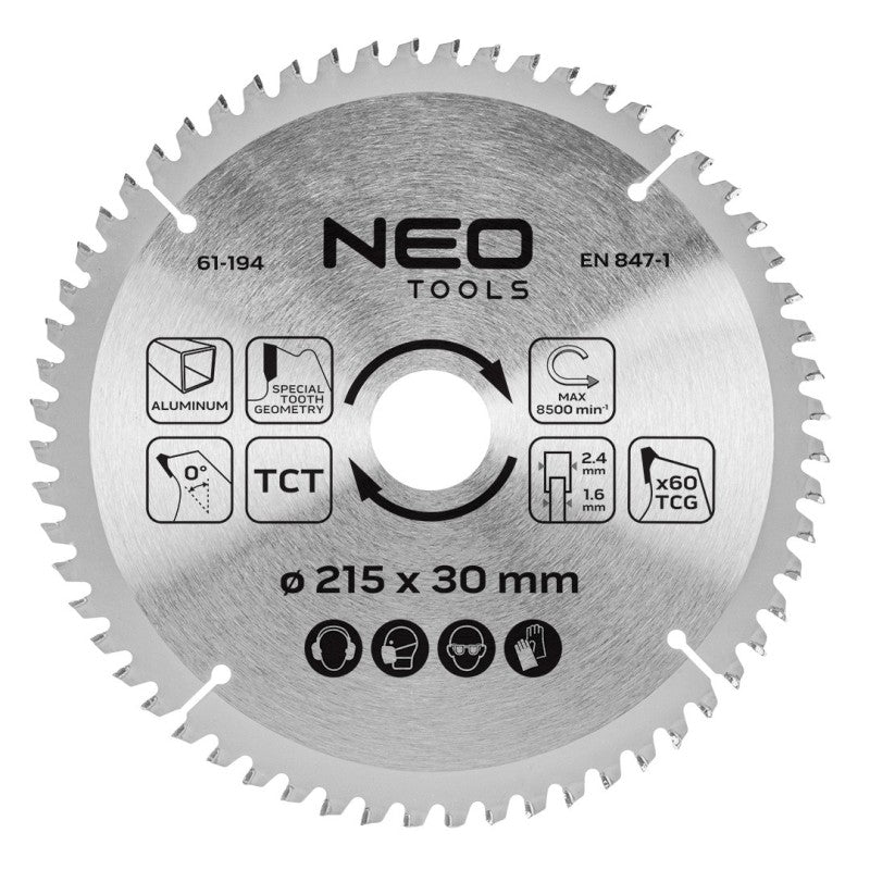NEO TOOLS Saw blade, widia, 215 x 30 mm, 60 teeth, for aluminium — 61-194