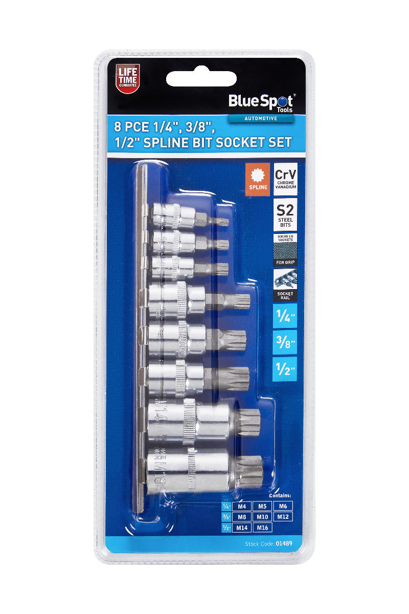 Blue Spot Tools 8 PCE 1/4", 3/8", 1/2" Spline Bit Socket Set (M4-M16)