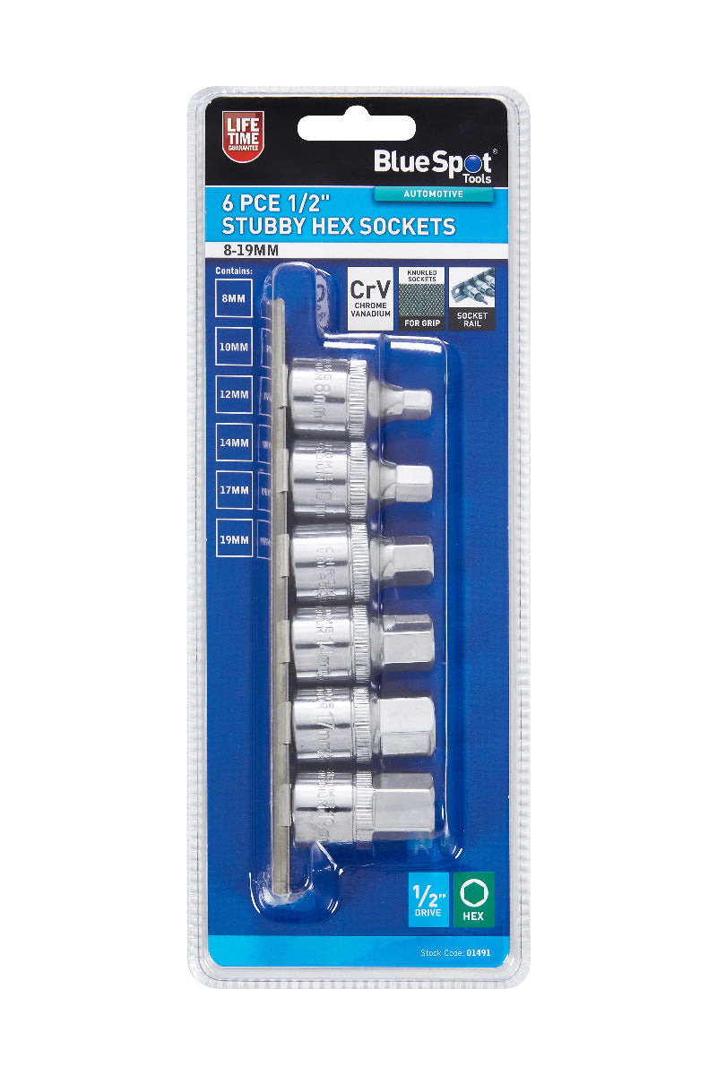 Blue Spot Tools 6 PCE 1/2" Stubby Hex Sockets (8-19mm)
