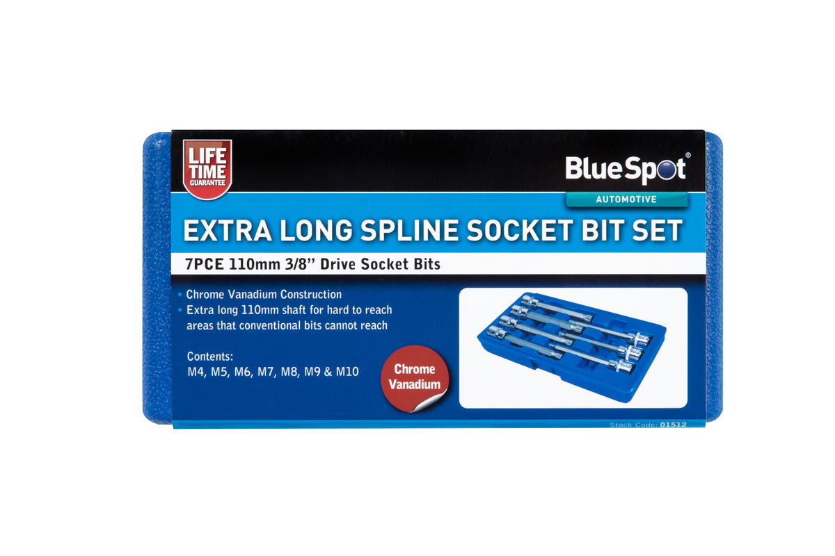 Blue Spot Tools 7 PCE 3/8" Extra Long Spline Socket Bit Set (M4 -M10)