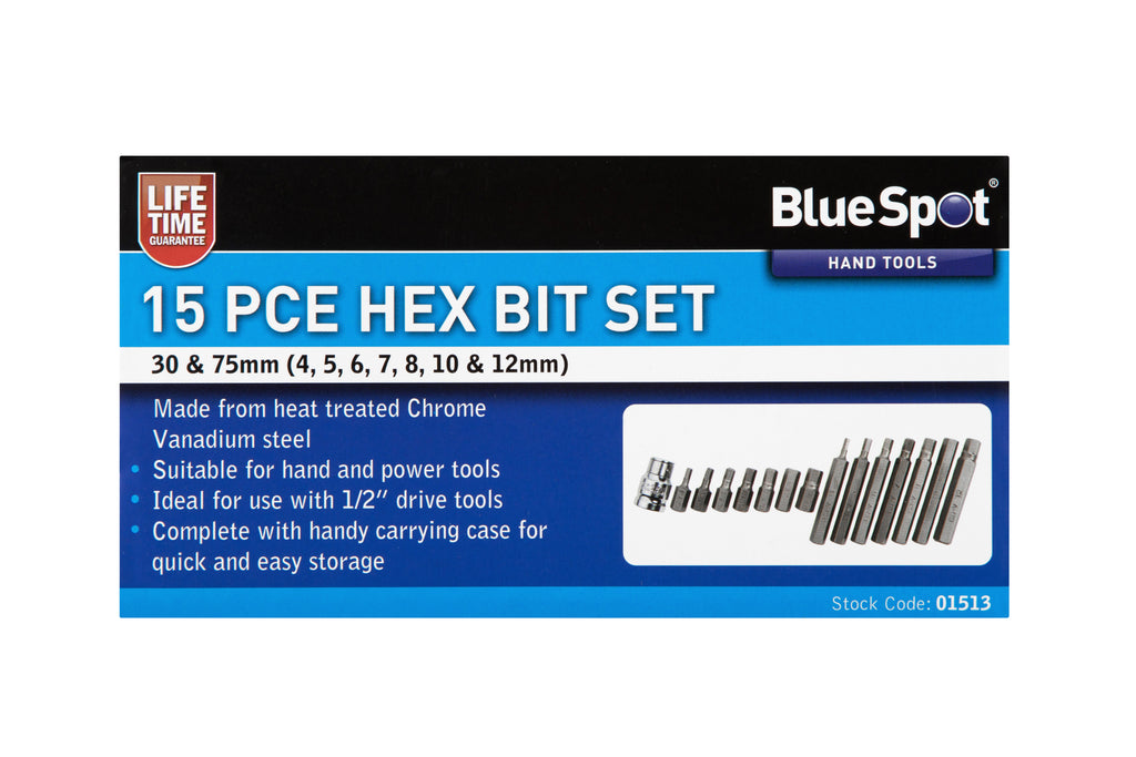 Blue Spot Tools 15 PCE 1/2" Hex Bit Set (H4-H12)