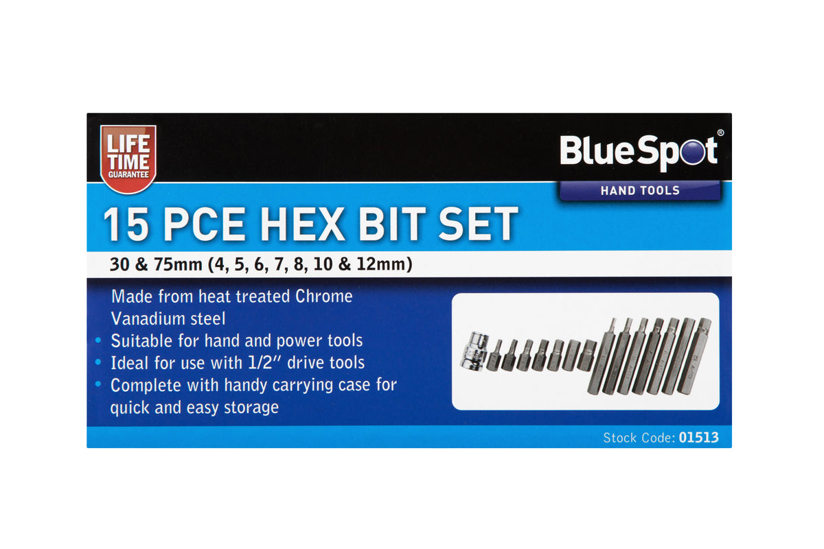 Blue Spot Tools 15 PCE 1/2" Hex Bit Set (H4-H12)