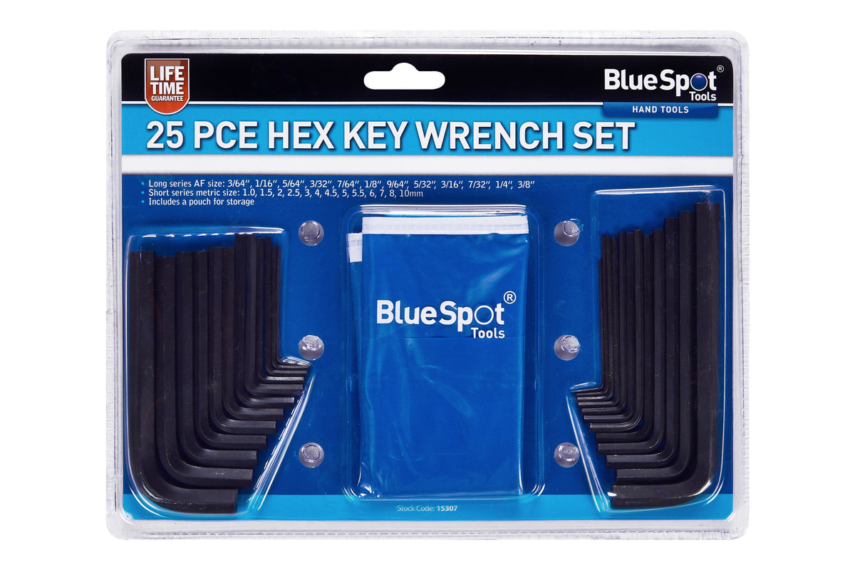 Blue Spot Tools 25 PCE Metric and Imperial Hex Key Wrench Set With Pouch (1-10mm) (3/64"-3/8")