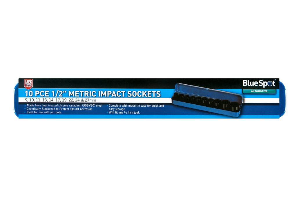 Blue Spot Tools 10 PCE 1/2" Metric Shallow Impact Sockets (9-27mm)