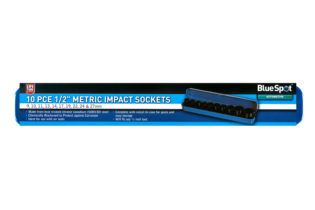 Blue Spot Tools 10 PCE 1/2" Metric Shallow Impact Sockets (9-27mm)