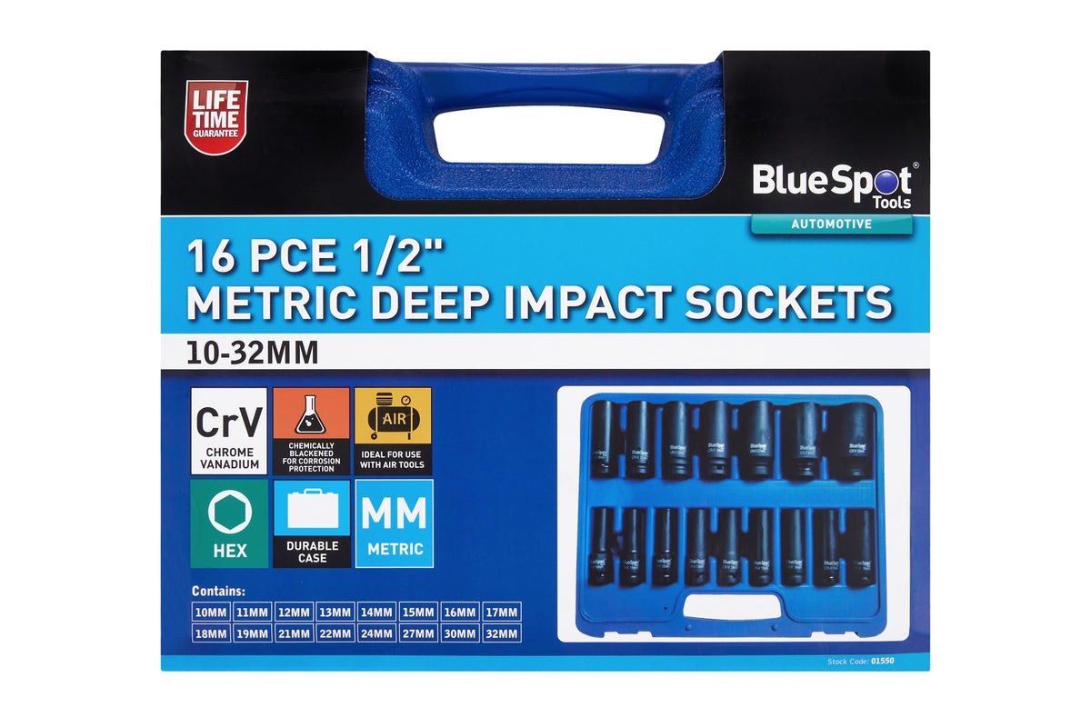Blue Spot Tools 16 PCE 1/2" Metric Deep Impact Sockets (10-32mm)