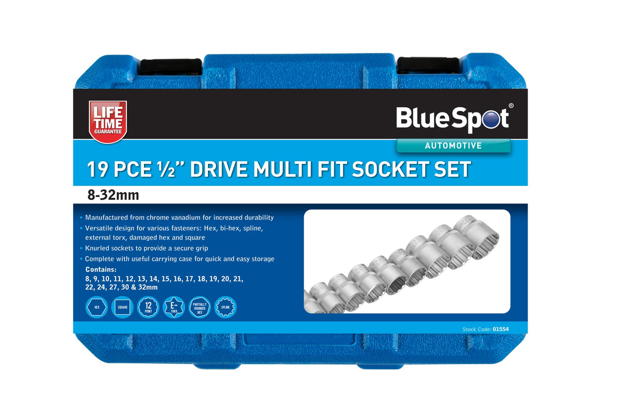 Blue Spot Tools 19 PCE 1/2" Multi Fit Socket Set (8-32mm) (5/16"-1 1/4")