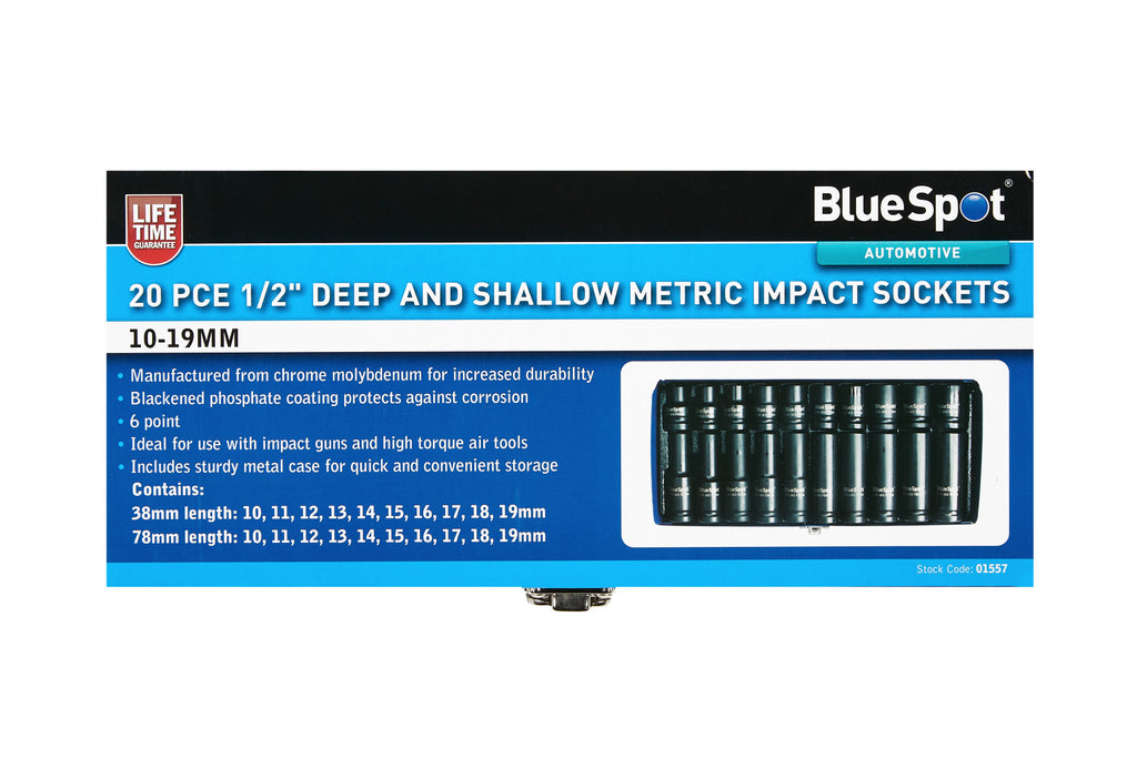 Blue Spot Tools 20 PCE 1/2" Deep and Shallow Metric Impact Sockets (10-19mm)