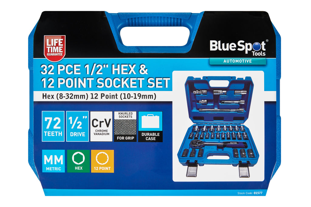 Blue Spot Tools 32 PCE 1/2" Hex & 12 Point Socket Set (Hex 8-32mm) (12 Point 10-19mm)