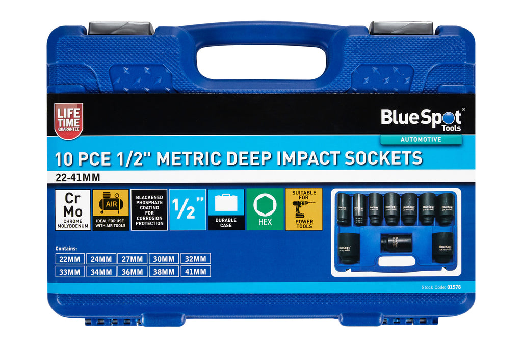 Blue Spot Tools 10 PCE 1/2" Metric Deep Impact Sockets 22MM-41MM