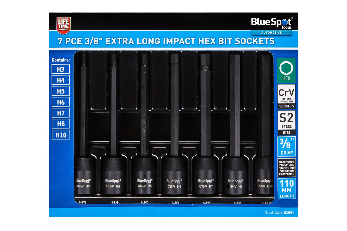 BLUE SPOT TOOLS 7 PCE EXTRA LONG 3/8" IMPACT HEX BIT SOCKETS