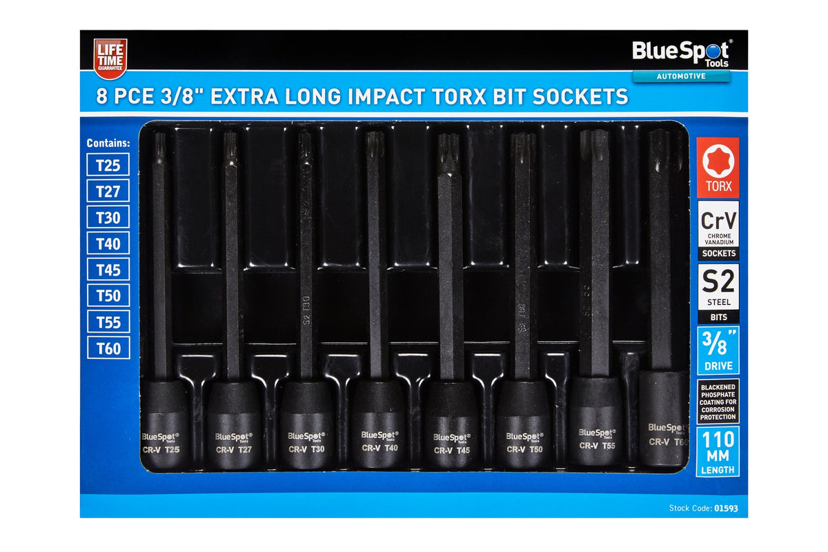 BLUE SPOT TOOLS 8 PCE 3/8" EXTRA LONG IMPACT TORX BIT SOCKETS