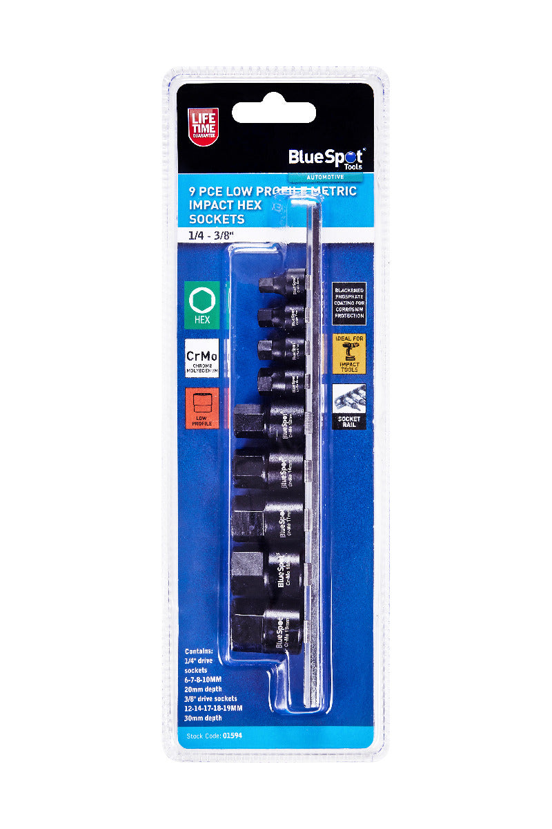 Blue Spot Tools 9 PCE 1/4-3/8" Low Profile Metric Impact Hex Sockets (6-19mm)