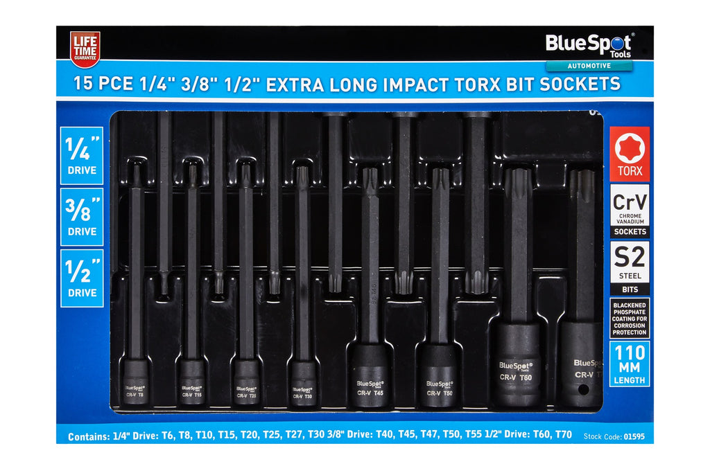 BLUE SPOT TOOLS 15 PCE 1/4" 3/8" 1/2" EXTRA LONG IMPACT TORX BIT SOCKETS