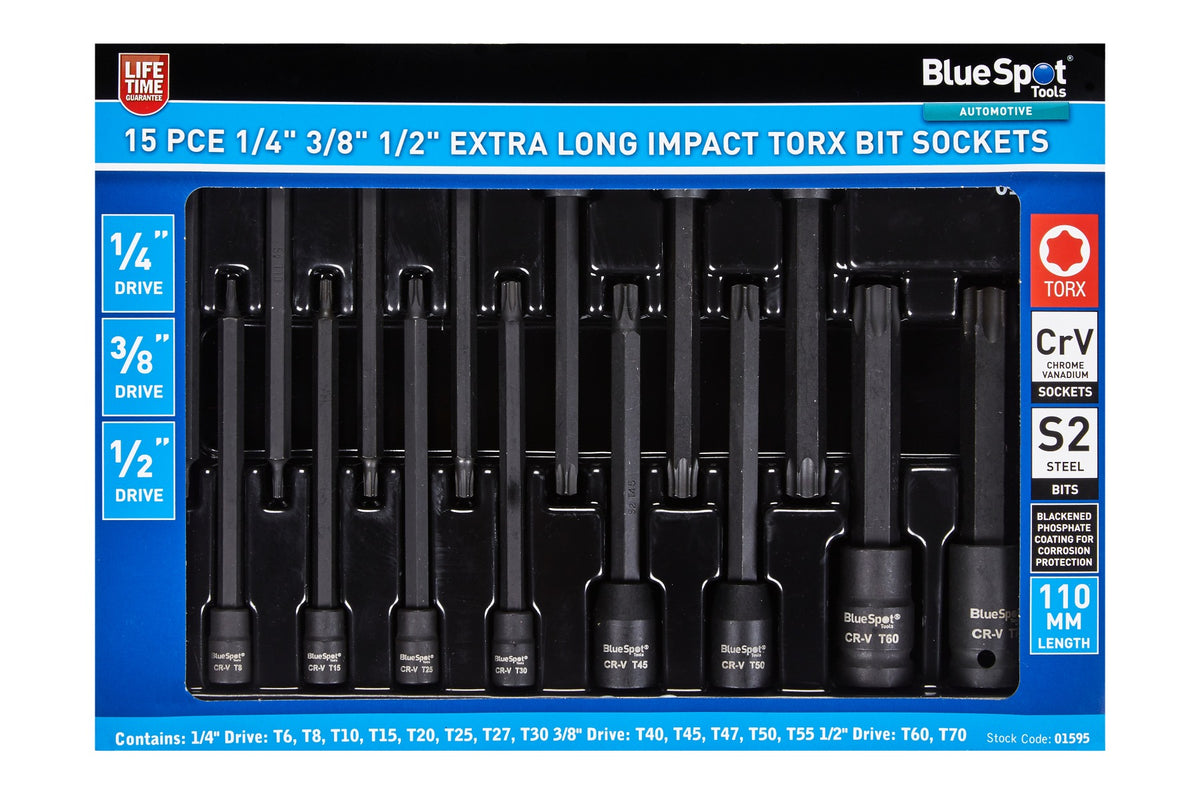 BLUE SPOT TOOLS 15 PCE 1/4" 3/8" 1/2" EXTRA LONG IMPACT TORX BIT SOCKETS