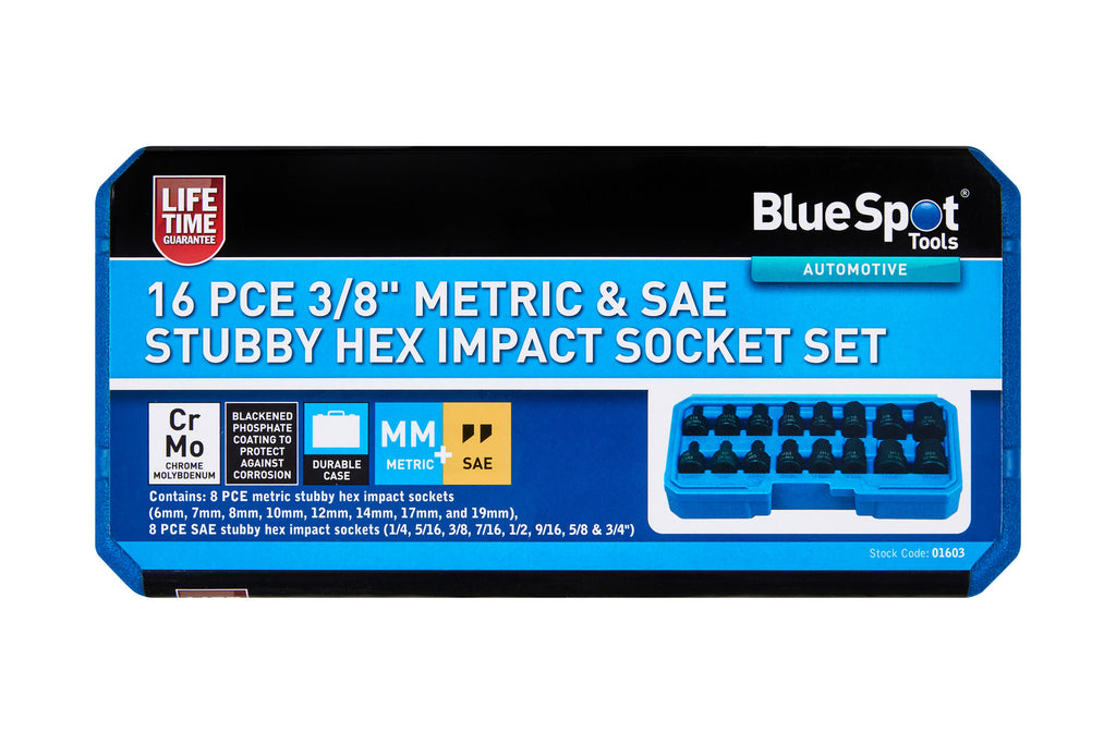 Blue Spot Tools 16 PCE 3/8" Metric & SAE Stubby Hex Impact Socket Set