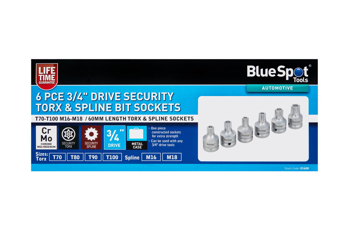Blue Spot Tools 6PCE 3/4" Drive Torx And Spline Bit Sockets T70-T100 M16-M18