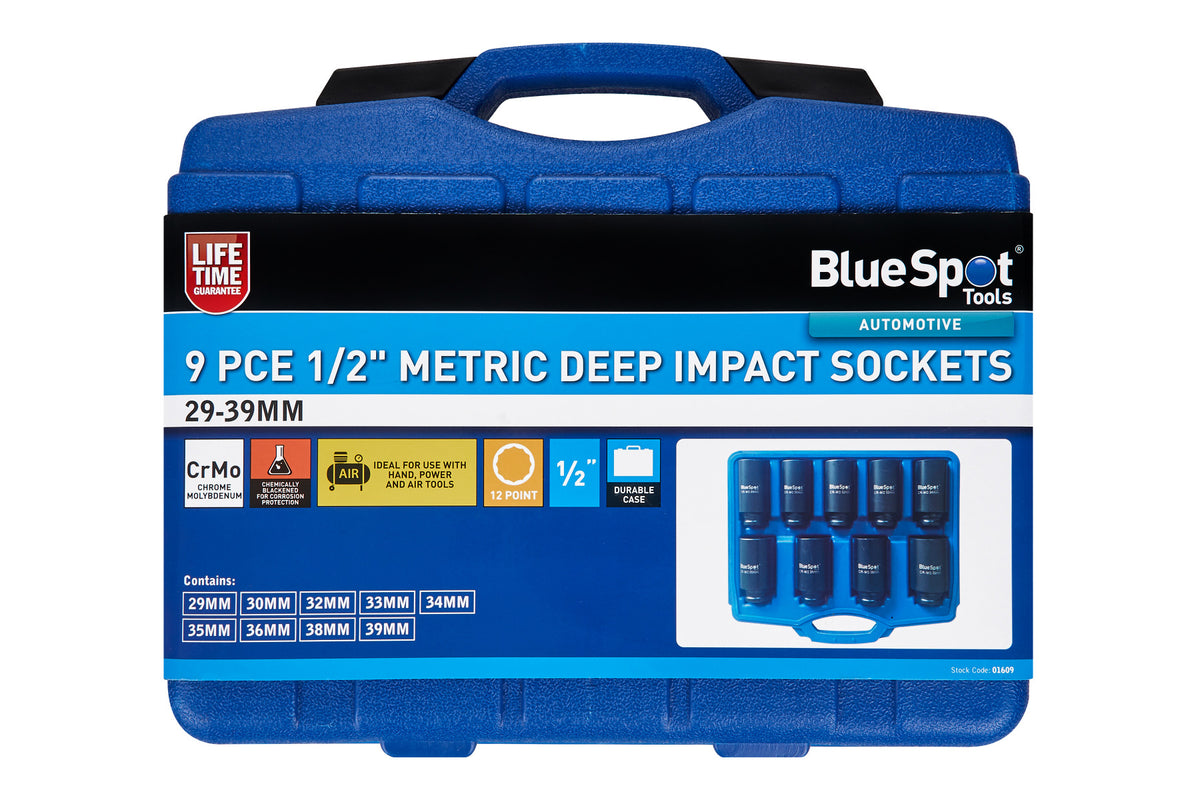 Blue Spot Tools 9 PCE 1/2" Metric Deep Impact Bi-Hex Sockets (29-39mm)