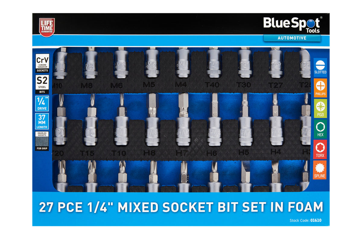 Blue Spot Tools 27PCE 1/4" Mixed Socket Bit Set In Foam