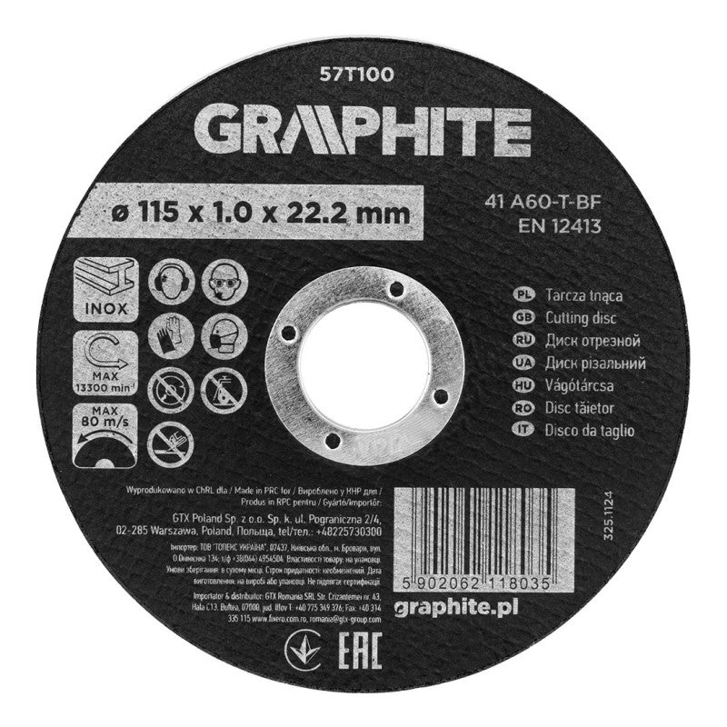 GRAPHITE Cutting wheel, aluminium oxide for metal/INOX 115 x 1.0 x 22.2 mm, 41 A60-T-BF — 57T100