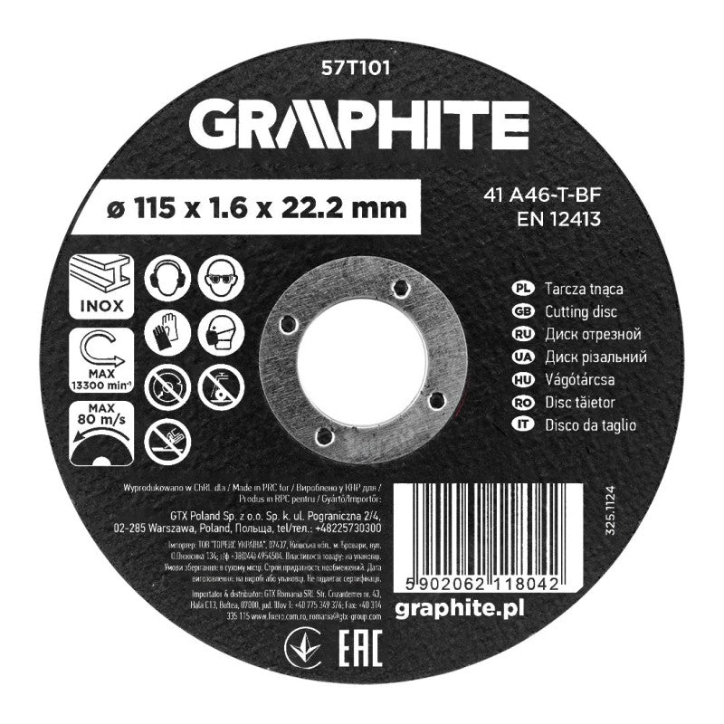 GRAPHITE Cutting disc, aluminium oxide for metal/INOX 115 x 1.6 x 22.2 mm, 41 A46-T-BF — 57T101