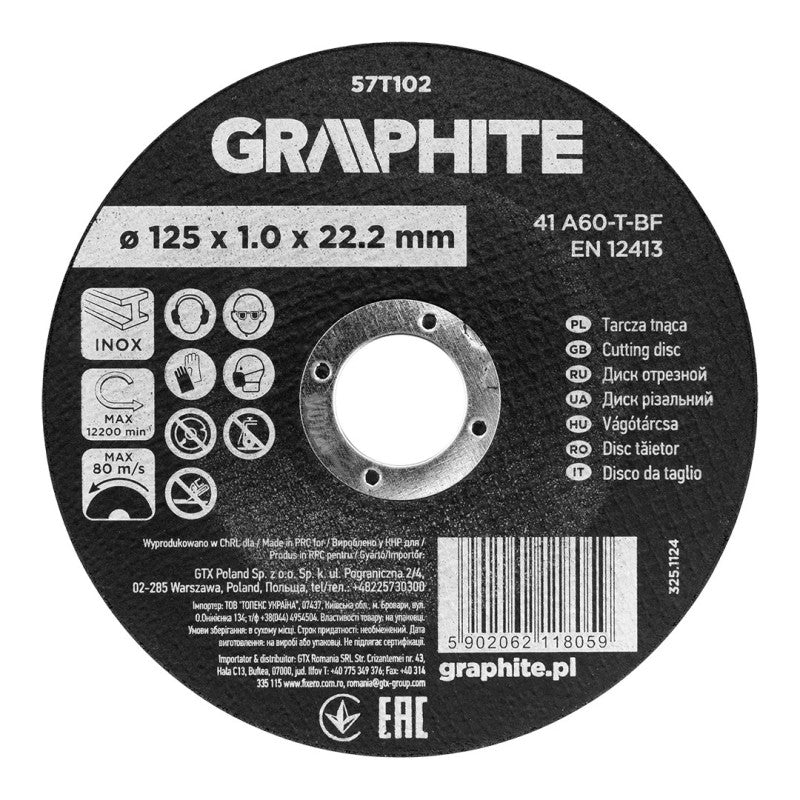 GRAPHITE Cutting wheel, aluminium oxide for metal/INOX 125 x 1.0 x 22.2 mm, 41 A60-T-BF — 57T102