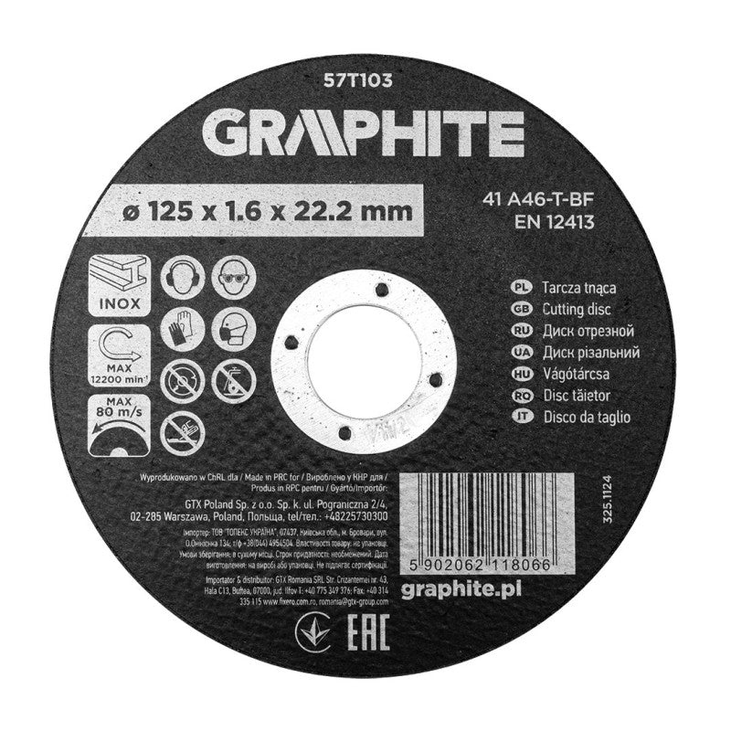 GRAPHITE Cutting wheel, aluminium oxide for metal/INOX 125 x 1.6 x 22.2 mm, 41 A46-T-BF — 57T103