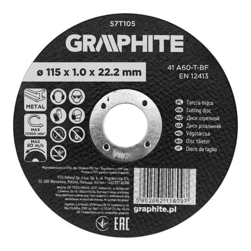 GRAPHITE Cutting disc, aluminium oxide for metal 115 x 1.0 x 22.2 mm, 41 A60-T-BF — 57T105